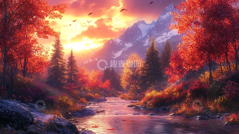 高清大图下载【趣麦麦图】秋日山河落日美景