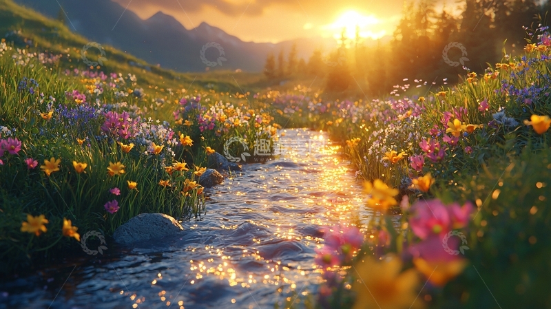高清大图下载【趣麦麦图】山间溪流野花日落