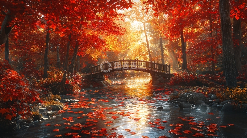 高清大图下载【趣麦麦图】秋日红叶森林小桥流水