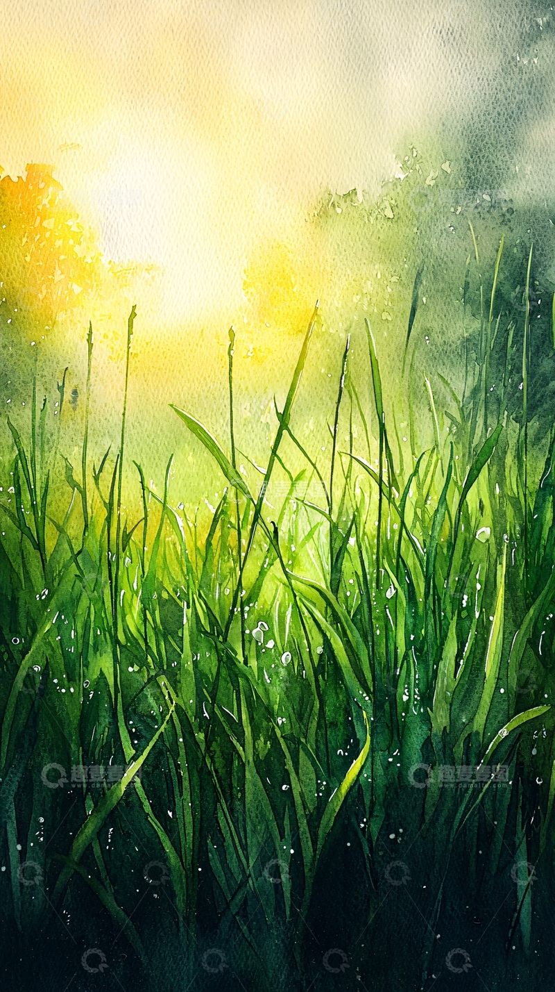 高清大图下载【趣麦麦图】清晨阳光下的露水青草