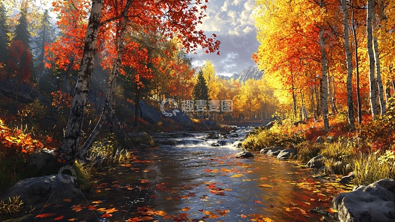 高清大图下载【趣麦麦图】秋日森林溪流风景