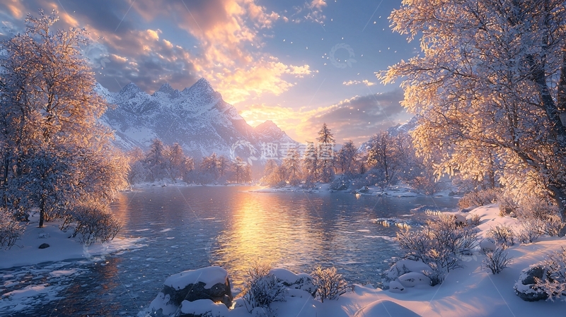 高清大图下载【趣麦麦图】冰雪湖泊日落山脉