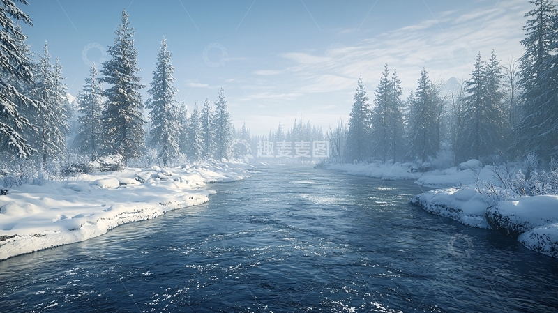 高清大图下载【趣麦麦图】冰雪森林河流风景