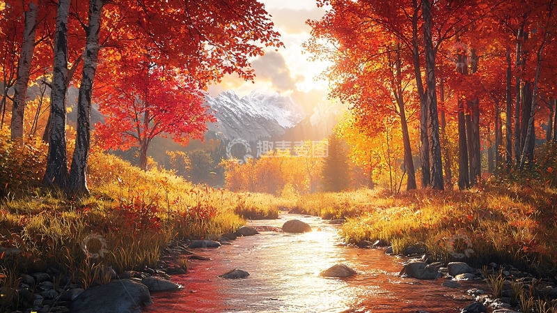 高清大图下载【趣麦麦图】秋日森林小溪风景