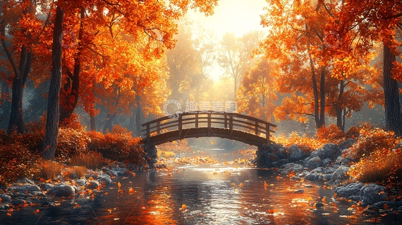 高清大图下载【趣麦麦图】秋日森林小桥流水