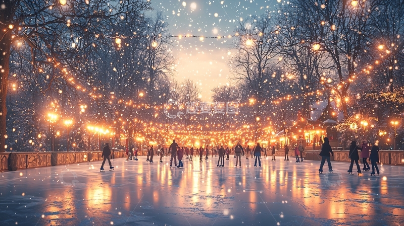 高清大图下载【趣麦麦图】冬夜冰场雪景灯光