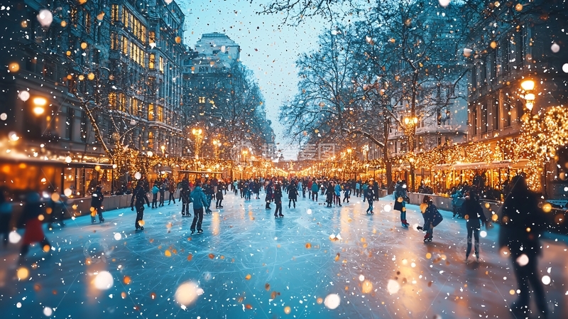 高清大图下载【趣麦麦图】冬夜雪景下的城市滑冰场