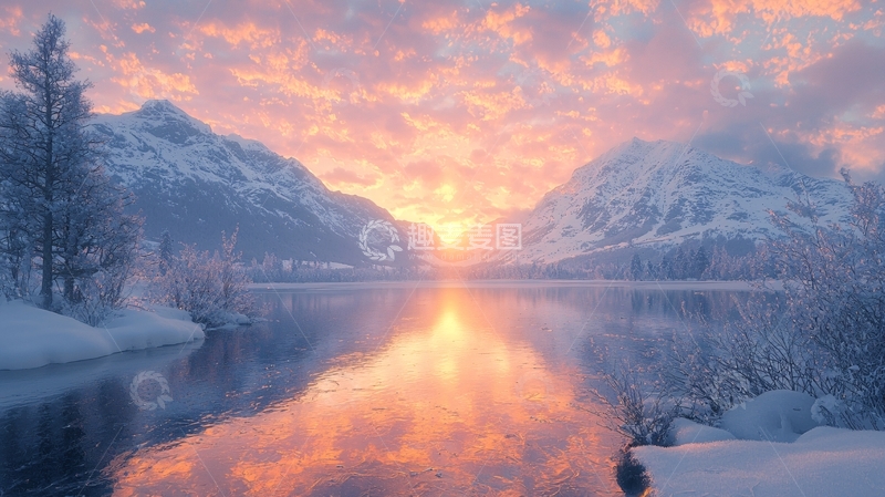 高清大图下载【趣麦麦图】雪山日出湖面倒影