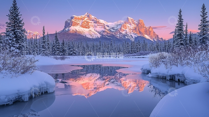 高清大图下载【趣麦麦图】雪山日出湖面倒影