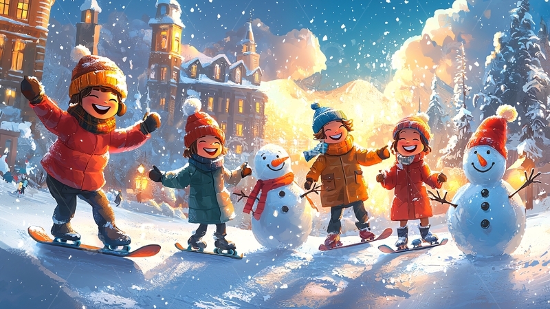 孩子们堆雪人玩耍