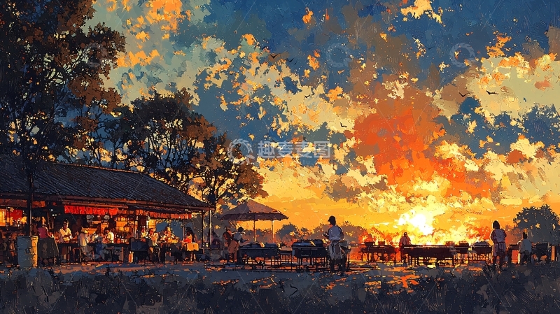 高清大图下载【趣麦麦图】傍晚集市落日余晖