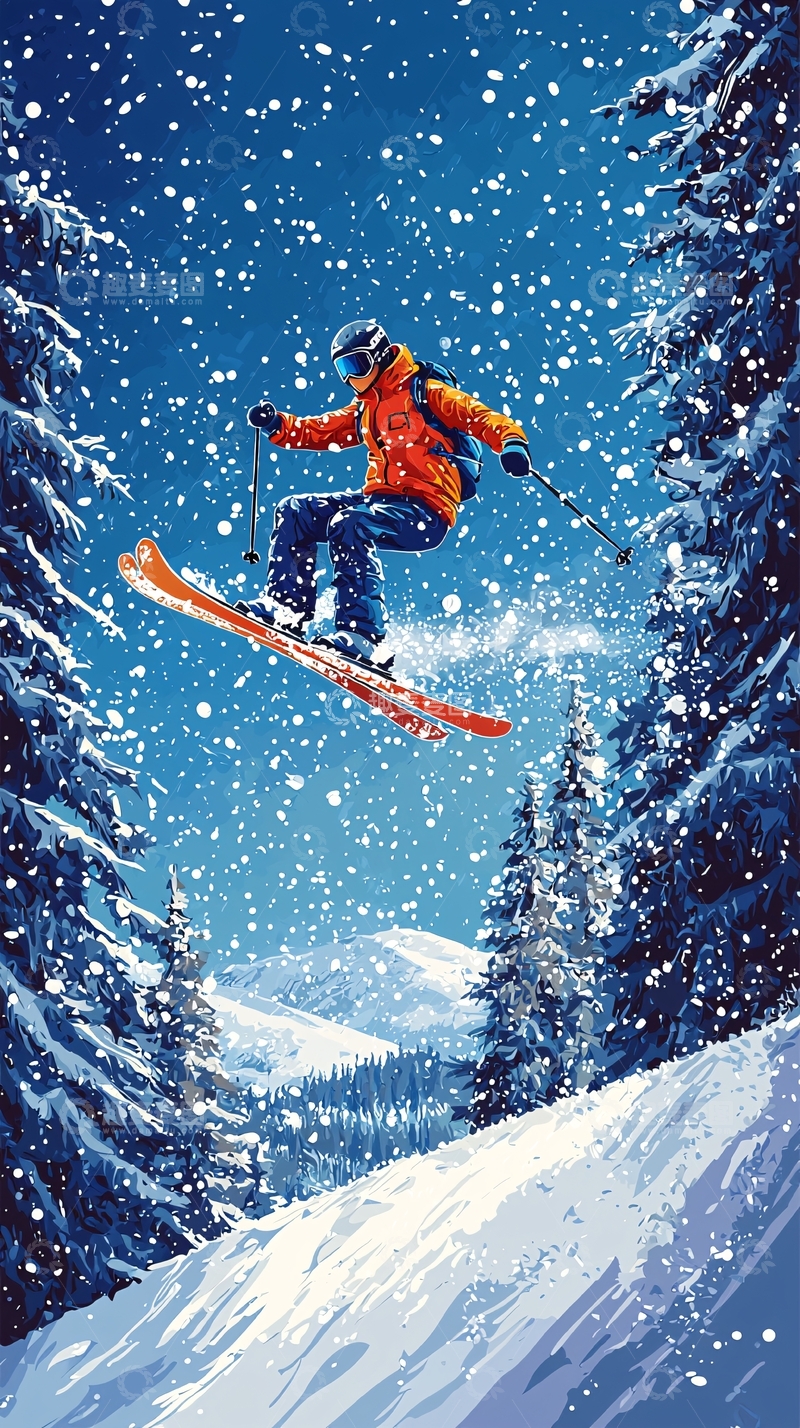 高清大图下载【趣麦麦图】雪中飞跃的滑雪者