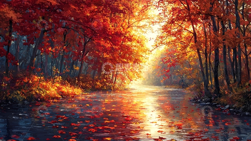 高清大图下载【趣麦麦图】红叶森林小溪夕阳