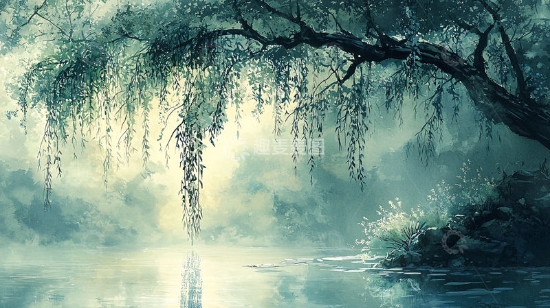 高清大图下载【趣麦麦图】水墨画风格垂柳