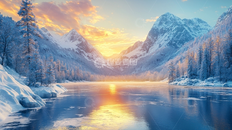 高清大图下载【趣麦麦图】雪山日出湖面