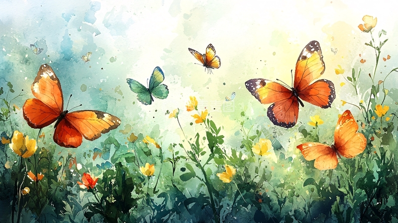 高清大图下载【趣麦麦图】水彩蝴蝶花卉图