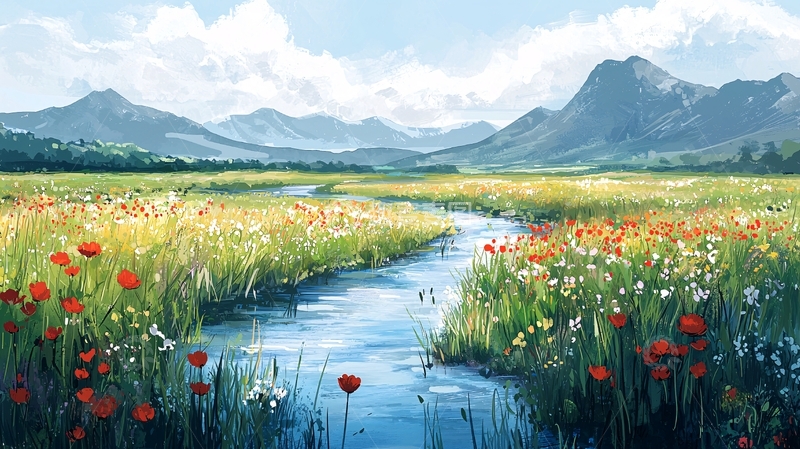 高清大图下载【趣麦麦图】山间溪流花田