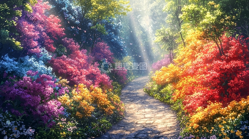 高清大图下载【趣麦麦图】彩虹花路森林小径