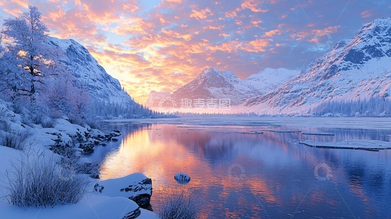 高清大图下载【趣麦麦图】冰雪湖泊日出雪山