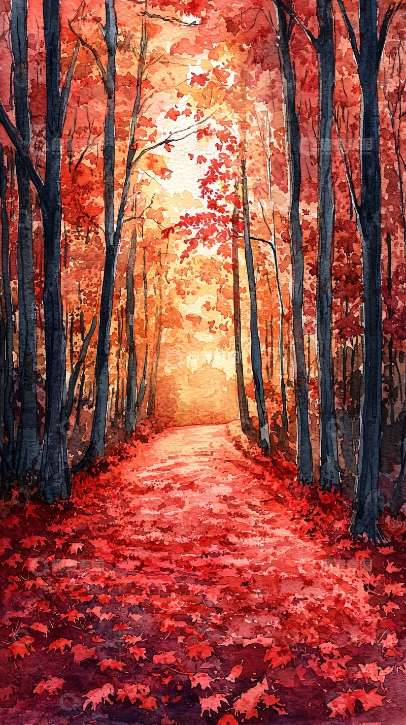 高清大图下载【趣麦麦图】秋日红叶林间小路
