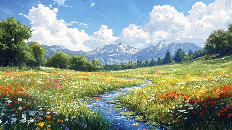 高清大图下载【趣麦麦图】阳光明媚的山谷野花溪流