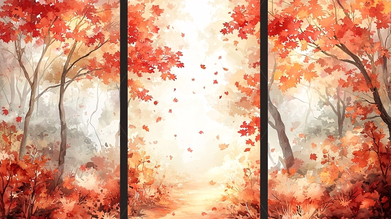 高清大图下载【趣麦麦图】秋日森林水彩画三联画