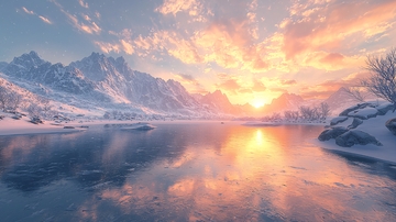 雪山日落湖泊景色
