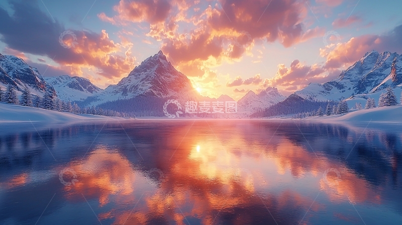 高清大图下载【趣麦麦图】雪山日落湖面反射