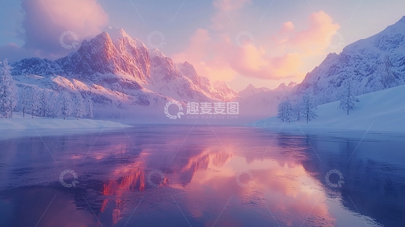 高清大图下载【趣麦麦图】雪山日出湖泊倒影