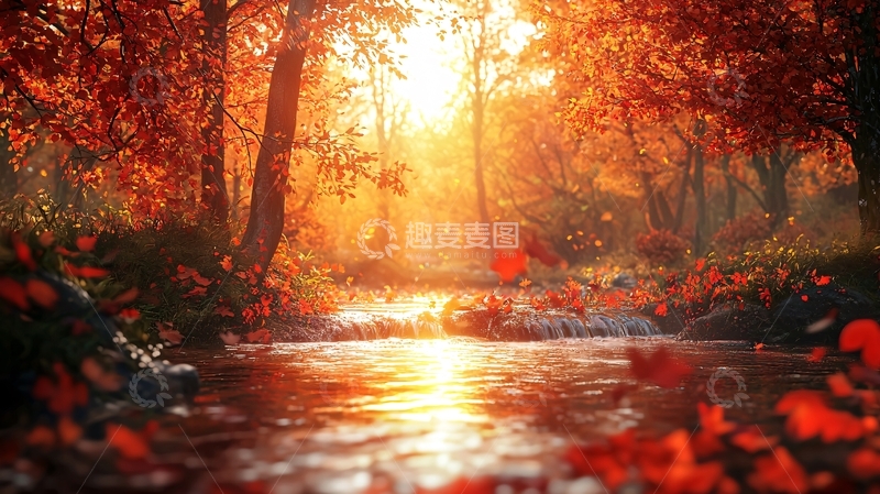 高清大图下载【趣麦麦图】秋日森林溪流夕阳