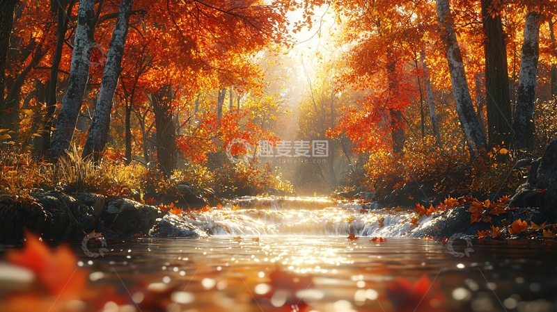 高清大图下载【趣麦麦图】秋日森林小溪阳光