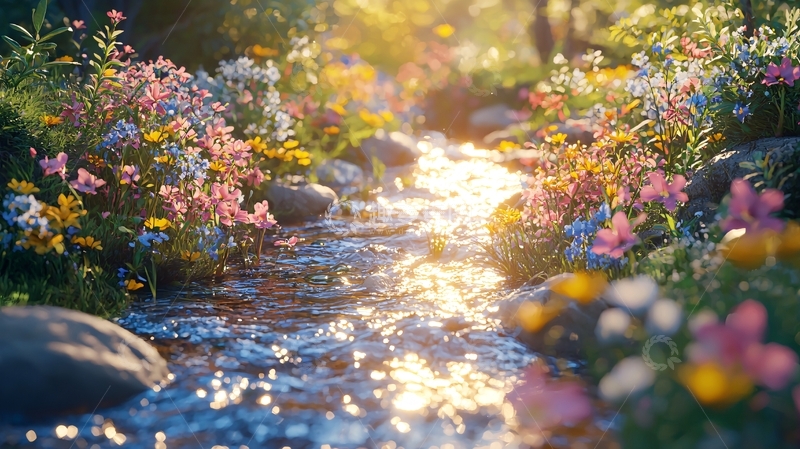 高清大图下载【趣麦麦图】阳光洒在溪流上的野花