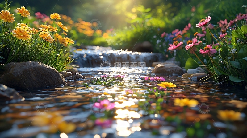 高清大图下载【趣麦麦图】阳光下的溪流与鲜花