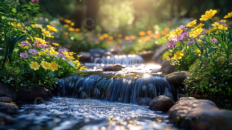 高清大图下载【趣麦麦图】阳光洒在溪流上的野花