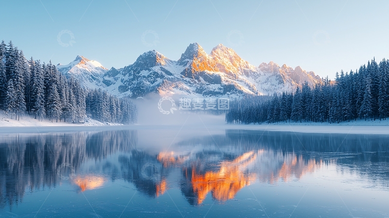 高清大图下载【趣麦麦图】雪山湖泊日出倒影