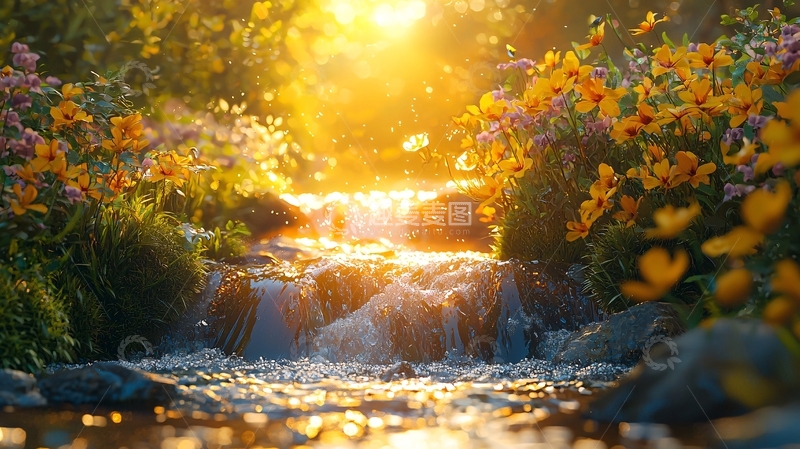 高清大图下载【趣麦麦图】阳光洒在溪流和鲜花上