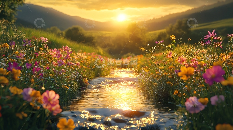 高清大图下载【趣麦麦图】夕阳下鲜花盛开的山谷溪流
