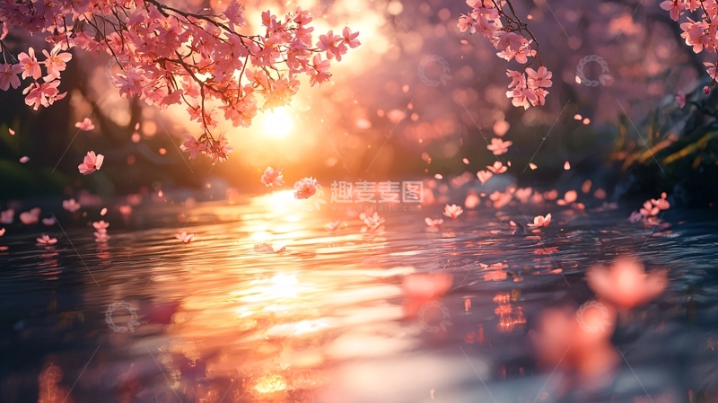 高清大图下载【趣麦麦图】夕阳下的樱花树与河流