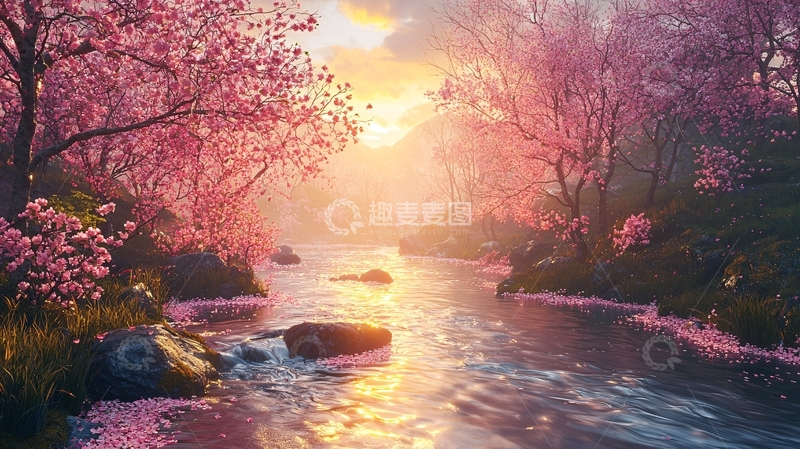 高清大图下载【趣麦麦图】梦幻粉色樱花河边日落
