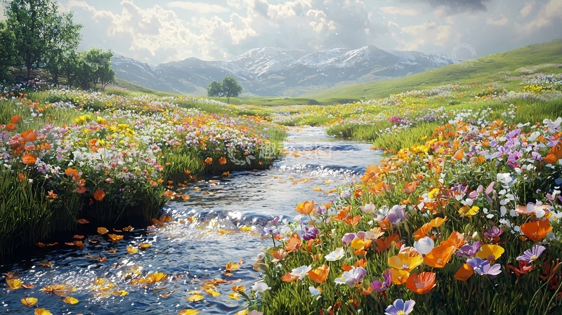 高清大图下载【趣麦麦图】山间溪流与彩色野花