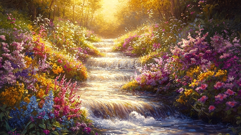 高清大图下载【趣麦麦图】阳光森林小溪瀑布鲜花