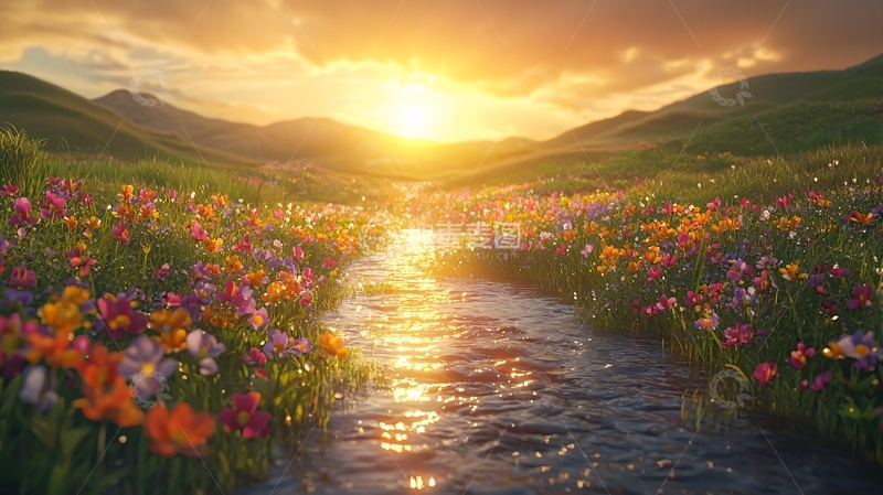 高清大图下载【趣麦麦图】夕阳下鲜花盛开的山谷溪流