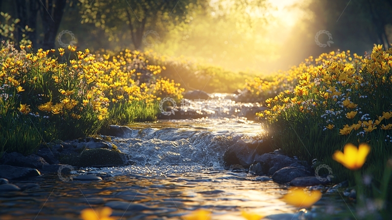 高清大图下载【趣麦麦图】阳光洒在溪流上的野花