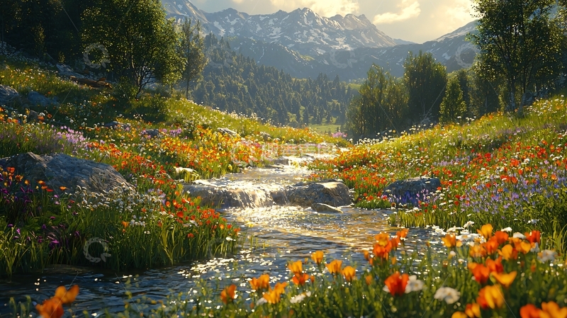 高清大图下载【趣麦麦图】山间溪流野花盛开