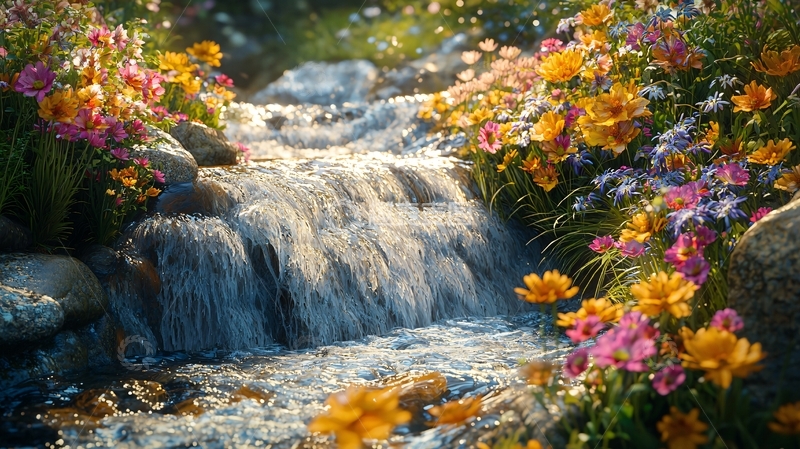 高清大图下载【趣麦麦图】阳光下溪流与鲜花