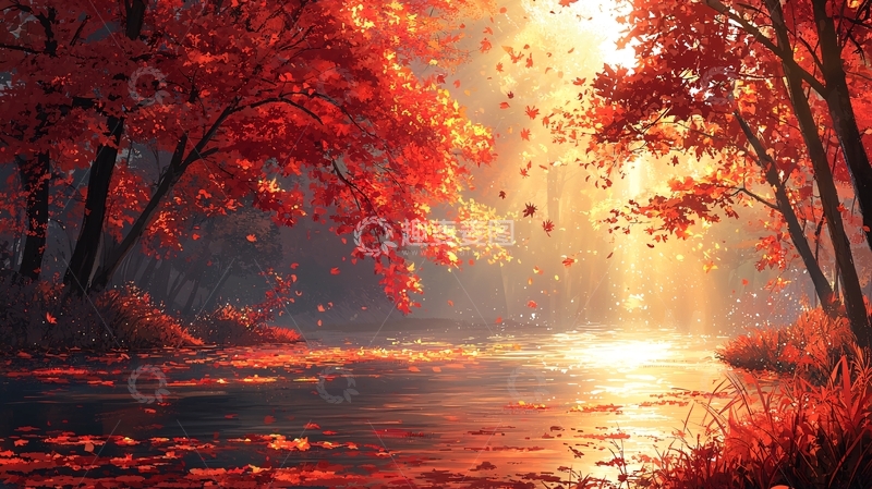 高清大图下载【趣麦麦图】秋日红枫林溪流阳光