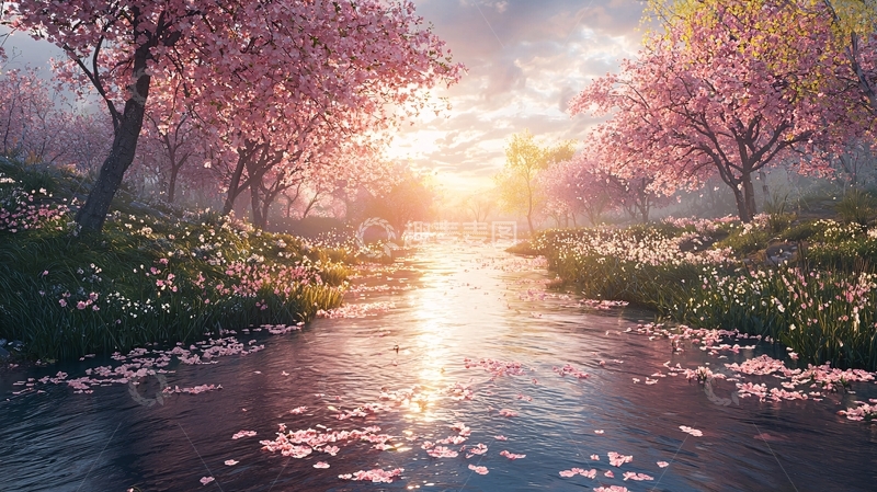 高清大图下载【趣麦麦图】春日溪流樱花树