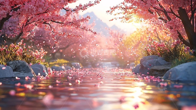 高清大图下载【趣麦麦图】春日樱花溪流