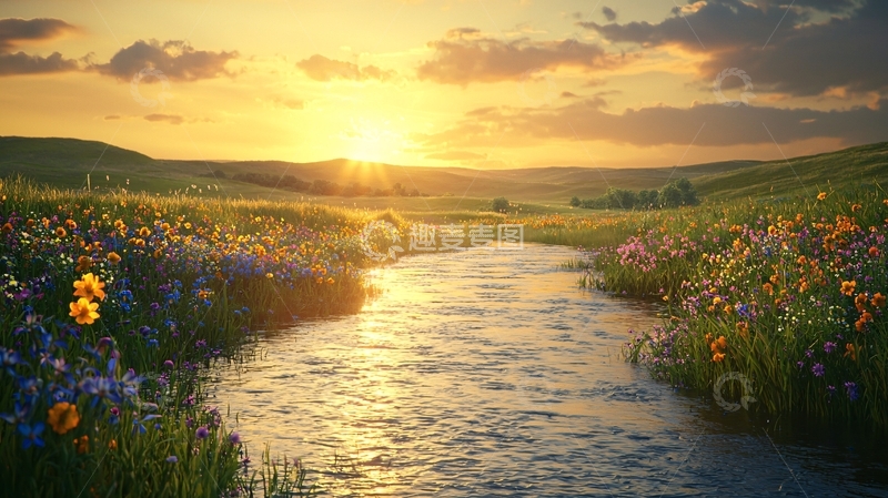 高清大图下载【趣麦麦图】日落草原溪流野花