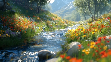 山谷溪流鲜花盛开